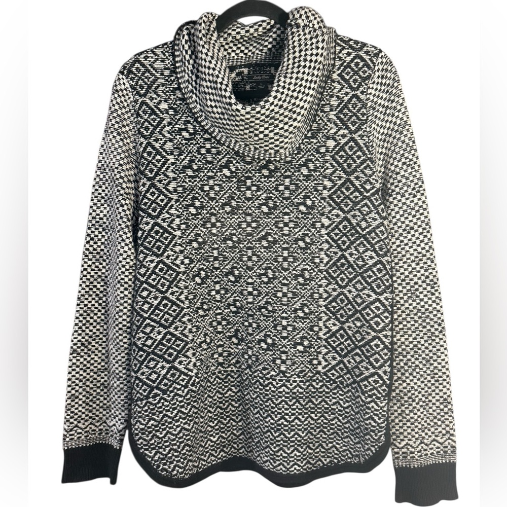 ❄️Lucky Brand Cowl Neck Sweater – Black & White Knit – Cozy Pullover Size Large